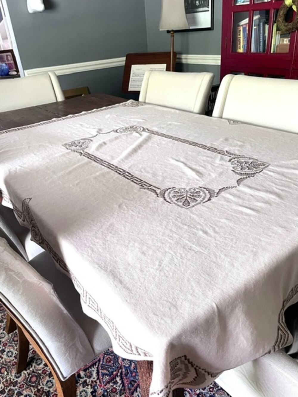 Vintage Hand Embroidered Linen Tablecloth  54x47 Greek Key 60s 70s Neutral